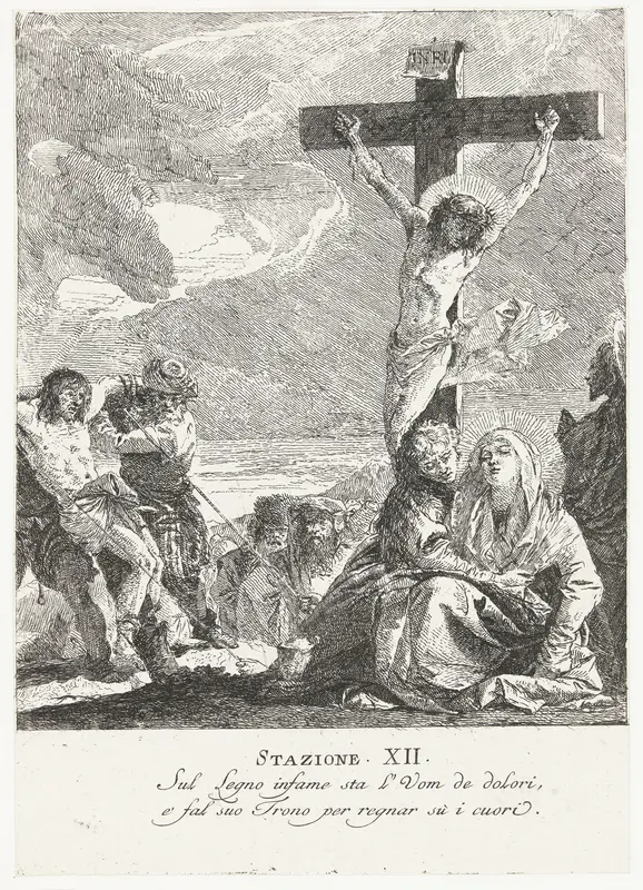 Christus aan het kruis en Maria ondersteund door Johannes tussen omstanders op Calvarieberg Wall Art by Giovanni Domenico Tiepolo - High-Resolution Digital Print