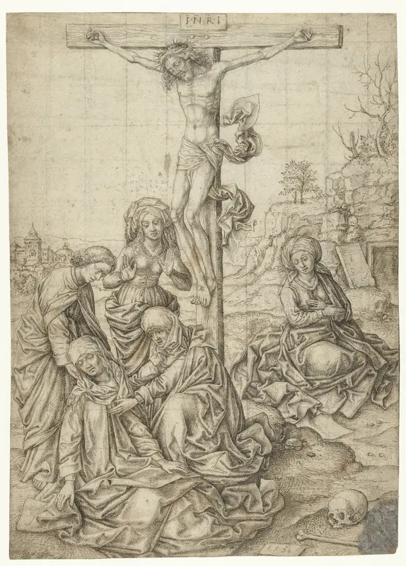 Christus aan het kruis met Johannes, de drie Maria's en Maria Magdalena onder het kruis Wall Art by Pieter Huys - High-Resolution Digital Print