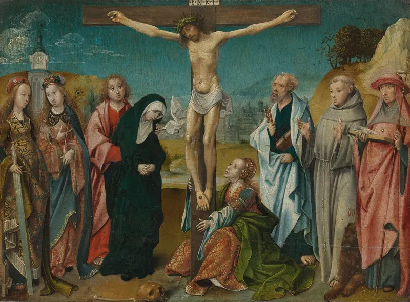 Christus aan het kruis met Maria, Johannes, Maria Magdalena en de heiligen Caecilia en Barbara (links) en Petrus, Franciscus en Hieronymus (rechts) Wall Art by Cornelis Engebrechtsz - High-Resolution Digital Print