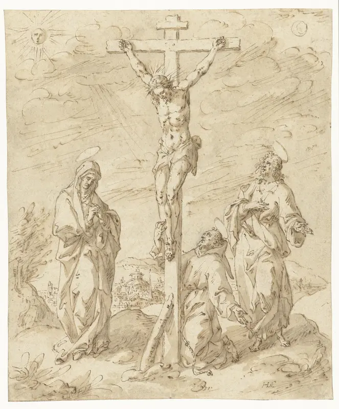 Christus aan het kruis tussen Maria en Johannes de Evangelist; aan de voet van het kruis de H. Franciscus Wall Art by Hendrik de Clerck - High-Resolution Digital Print