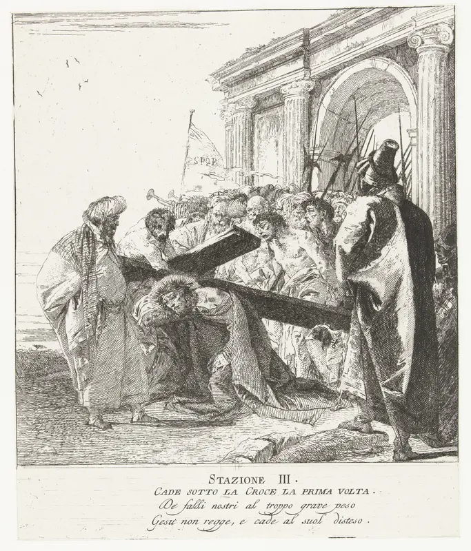 Christus bezwijkt onder kruis bij kruisdraging Wall Art by Giovanni Domenico Tiepolo - High-Resolution Digital Print