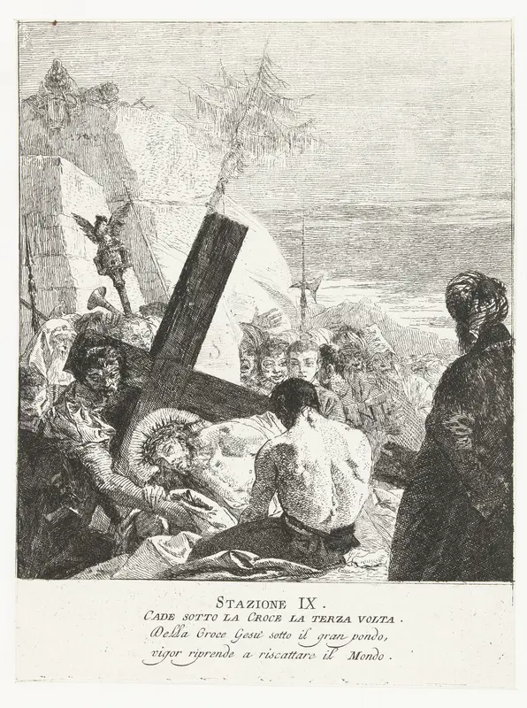Christus bezwijkt voor derde keer bij kruisdraging Wall Art by Giovanni Domenico Tiepolo - High-Resolution Digital Print