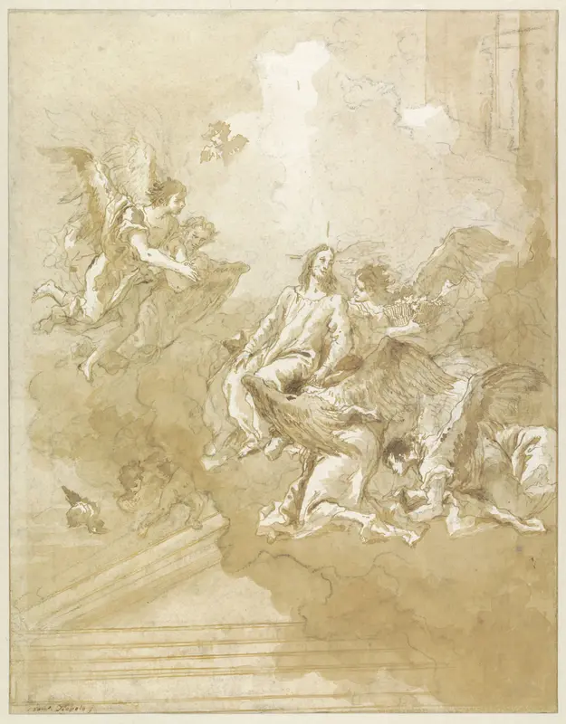 Christus door de engelen boven de tinnen des tempels opgenomen Wall Art by Giovanni Domenico Tiepolo - High-Resolution Digital Print