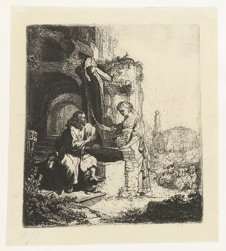 Christus en de Samaritaanse vrouw: op de achtergrond ruïnes Wall Art by Rembrandt van Rijn - High-Resolution Digital Print