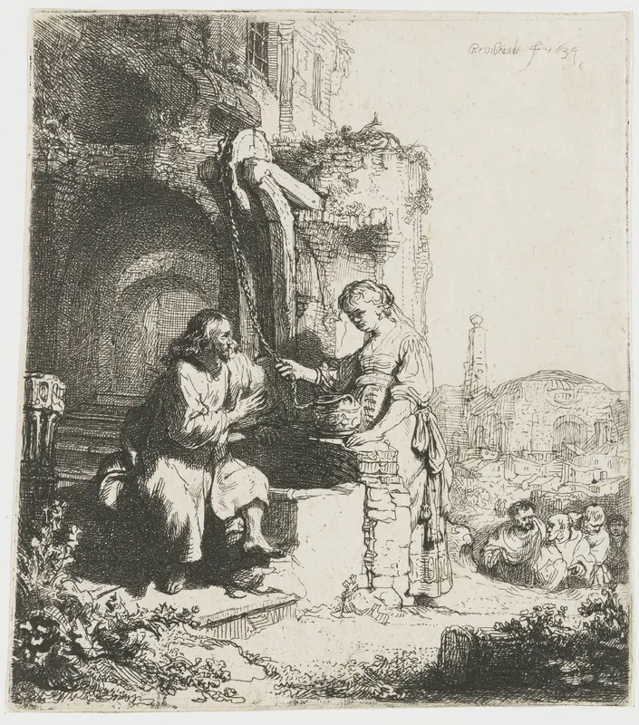 Christus en de Samaritaanse vrouw: op de achtergrond ruïnes Wall Art by Unknown - High-Resolution Digital Print