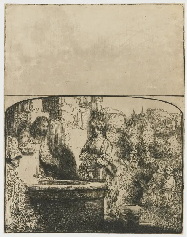 Christus en de Samaritaanse vrouw: plaat met gebogen bovenrand Wall Art by Unknown - High-Resolution Digital Print