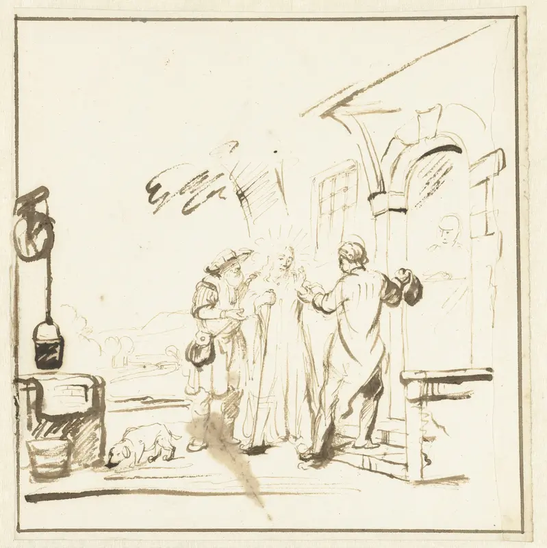 Christus en twee discipelen voor de herberg te Emmaüs Wall Art by Nicolaes Maes - High-Resolution Digital Print