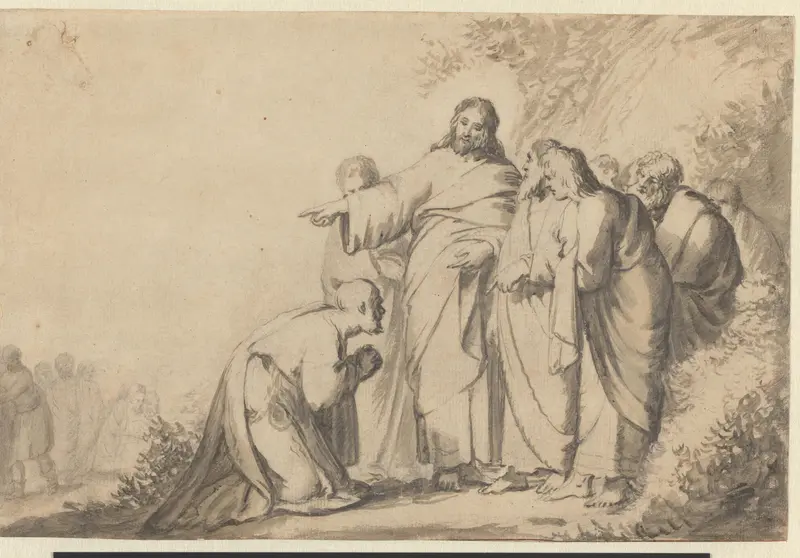 Christus met een knielende man en zijn discipelen Wall Art by Jacob Hogers - High-Resolution Digital Print