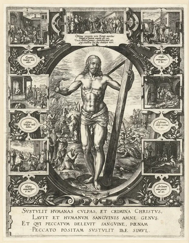 Christus met het kruis en de Werken van Barmhartigheid Wall Art by Unknown - High-Resolution Digital Print