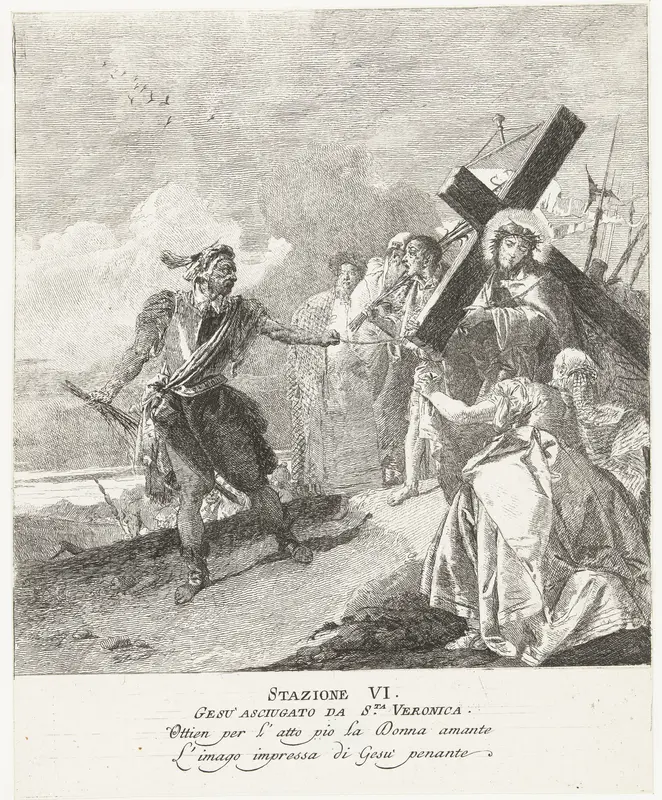 Christus ontmoet Veronica met zweetdoek tijdens kruisdraging Wall Art by Giovanni Domenico Tiepolo - High-Resolution Digital Print