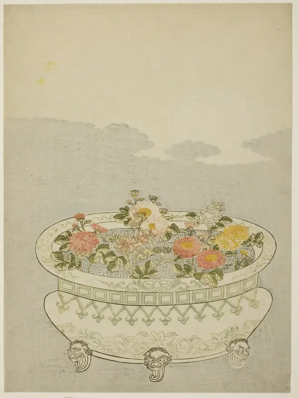 Chrysanthemums and the Rising Moon Wall Art by Suzuki Harunobu - High-Resolution Digital Print