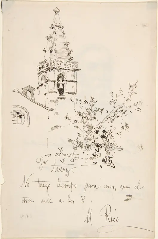 Church Tower with Inscription in Spanish to Avery. Verso: 3/4 View Portrait of Man Wall Art by Martín Rico y Ortega - High-Resolution Digital Print