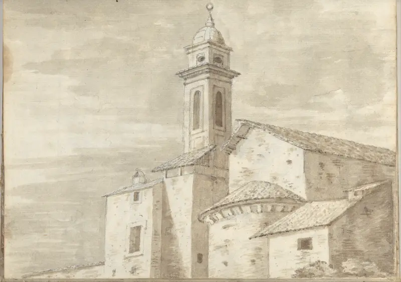 Church with a tower and tiled roof, at Rome (Smaller Italian sketchbook, leaf 36 recto) Wall Art by Joseph Wright (Wright of Derby) - High-Resolution Digital Print
