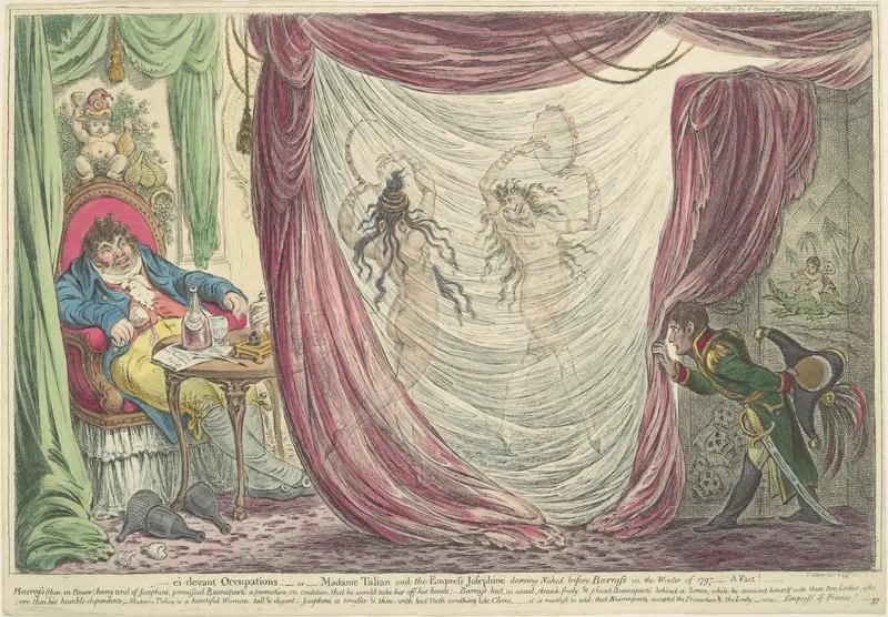 Ci-devant Occupations; or, Madame Talian and the Empress Josephine Dancing Naked before Barrass in the Winter of 1797. - A Fact! Wall Art by James Gillray - High-Resolution Digital Print
