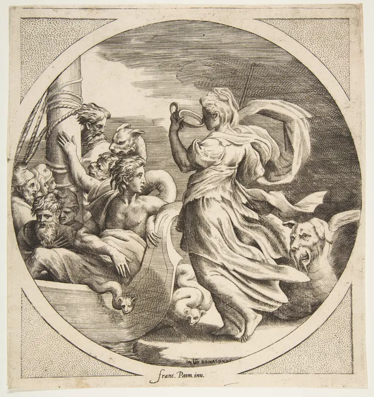 Circe drinking from a cup with the companions of Ulysses in a boat at left, a circular composition Wall Art by Giulio Bonasone - High-Resolution Digital Print