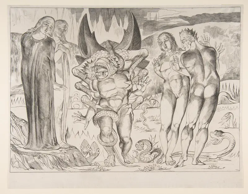 Circle of Theives: Agnello Brunelleschi Attacked By a Six-Footed Serpent Wall Art by William Blake - High-Resolution Digital Print
