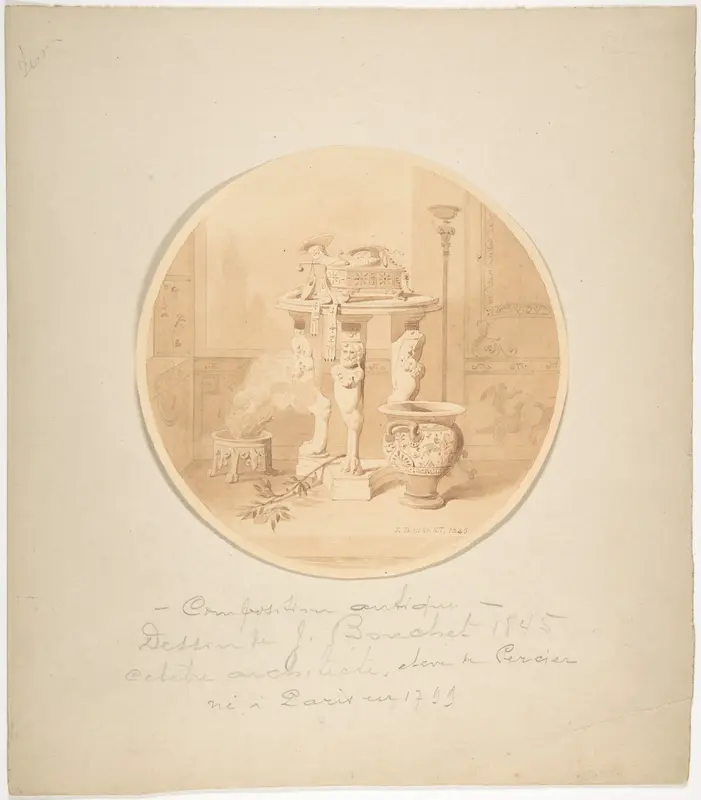 Circular Drawing of a Classical Interior with Fire in Brazier, Greek Vase and Circular Tripod Table Wall Art by Jules-Frédéric Bouchet - High-Resolution Digital Print