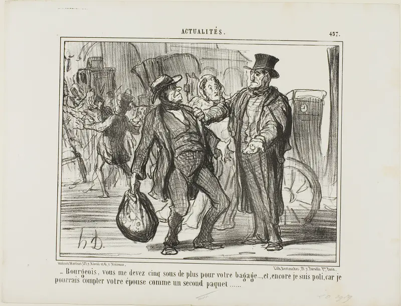 “- Citizen, you owe me another five sous for your luggage, and I am even generous because if I wanted to I could count your wife as a second piece of luggage,” plate 457 from Actualités
