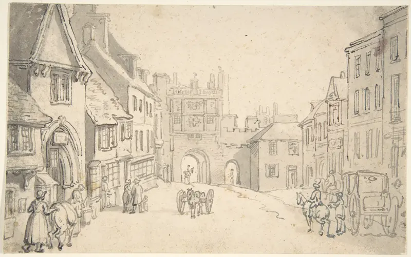 City View with Medieval Gate (perhaps York) Wall Art by Thomas Rowlandson - High-Resolution Digital Print