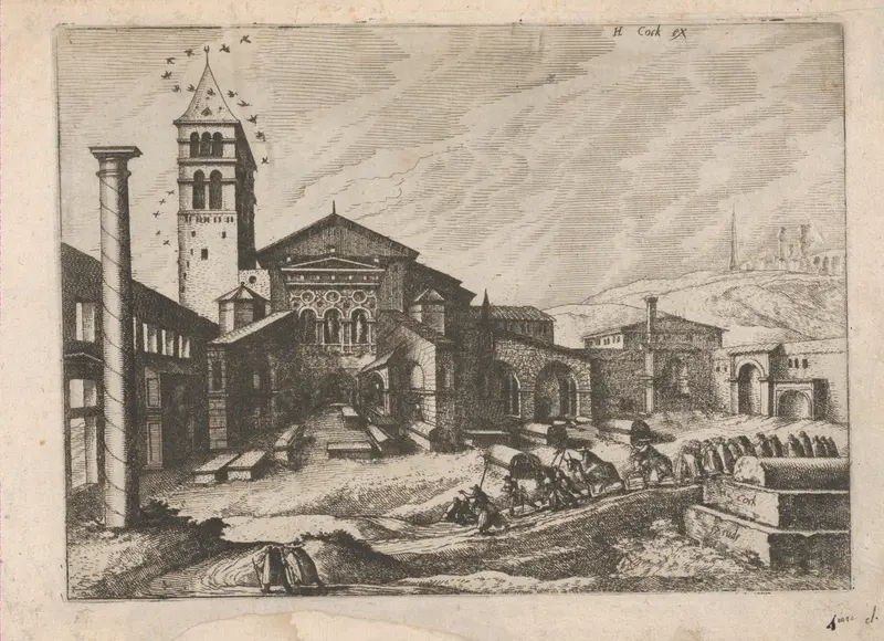 City with a Column and a Church, from "Roman Ruins and Buildings" Wall Art by Johannes van Doetecum I - High-Resolution Digital Print