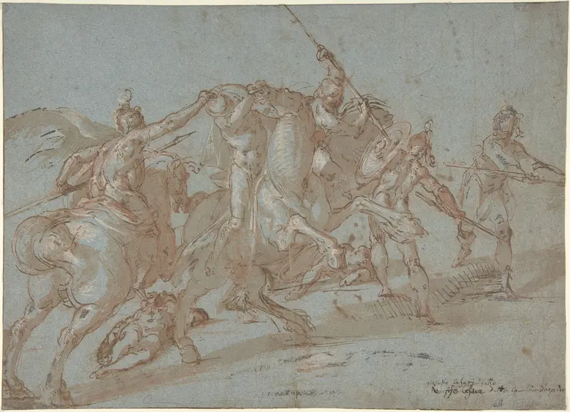 Classical Battle Scene; Verso: Peter and John Heal a Cripple at the Gate of the Temple Wall Art by Bartholomeus Spranger - High-Resolution Digital Print