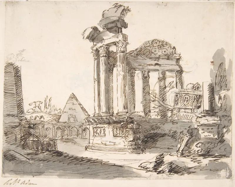 Classical Landscape with Ruins (recto); Two men in Roman military dress (verso) Wall Art by Robert Adam - High-Resolution Digital Print