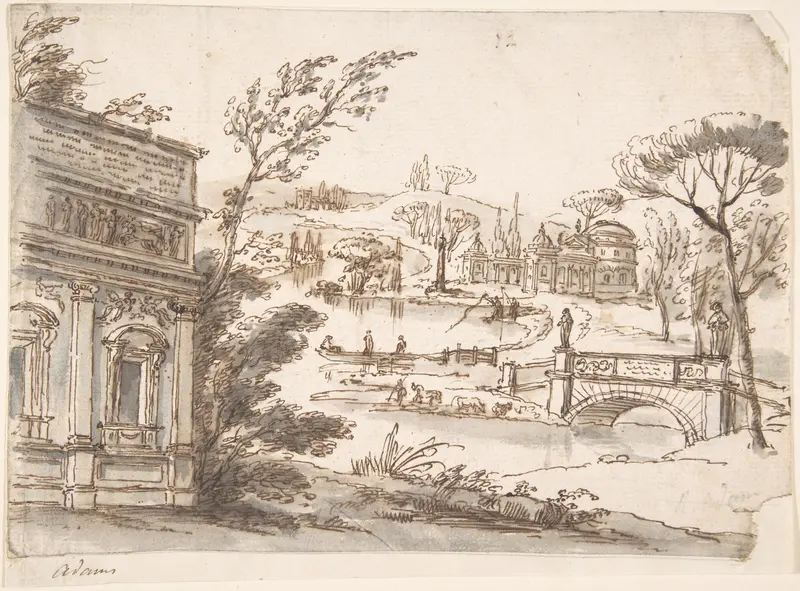 Classical Landscape with Temples (recto); Indecipherable sketch, possibly of a seated figure (verso) Wall Art by Robert Adam - High-Resolution Digital Print