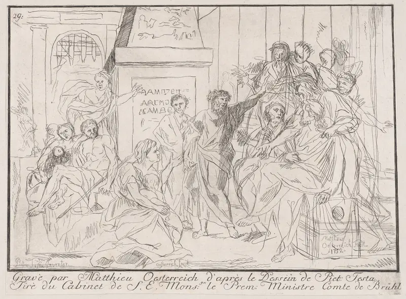 Classical scene of figures gathered around an orator at right (possibly related to healing the lame) Wall Art by Matthias Oesterreich - High-Resolution Digital Print