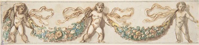 Classicizing Frieze with Three Putti holding up a Garland Wall Art by Anonymous, Italian, 19th century - High-Resolution Digital Print