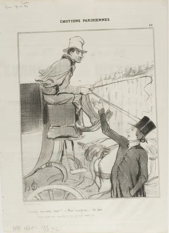 “- Coachman, are you booked? - No, citizen. - Well then: 'you'd rather accept being advised than hired out?,'” plate 49 from Émotions Parisiennes