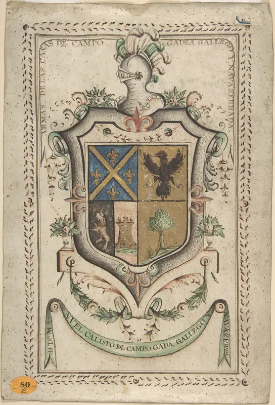Coat of Arms Surmounted by a Plumed Helmet Wall Art by Anonymous, Spanish, 18th century - High-Resolution Digital Print