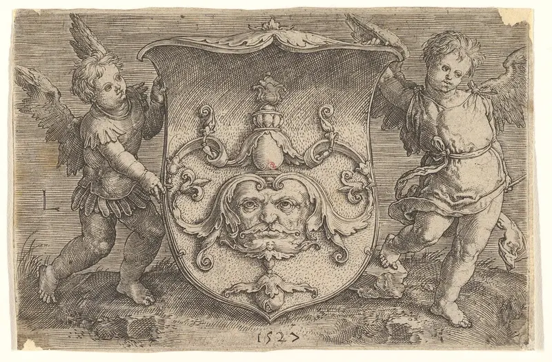 Coat of Arms with a Mask, Held by Two Genii Wall Art by Lucas van Leyden - High-Resolution Digital Print