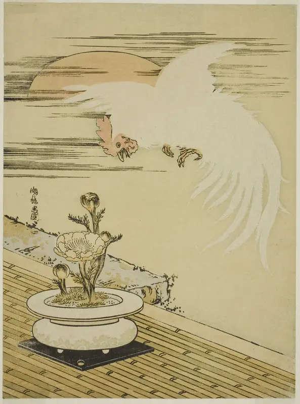 Cock Flying Over Pot of Adonis Wall Art by Isoda Koryusai - High-Resolution Digital Print
