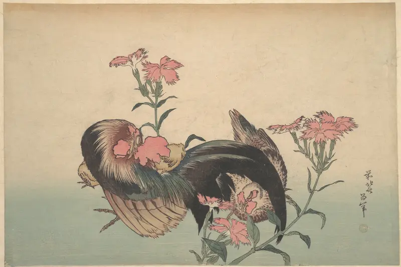 Cock, Hen, and Nadeshiko (Dianthus Superbus)