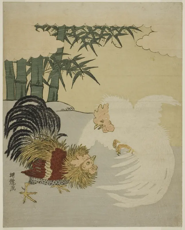 Cocks Fighting near Bamboo Grove Wall Art by Isoda Koryusai - High-Resolution Digital Print