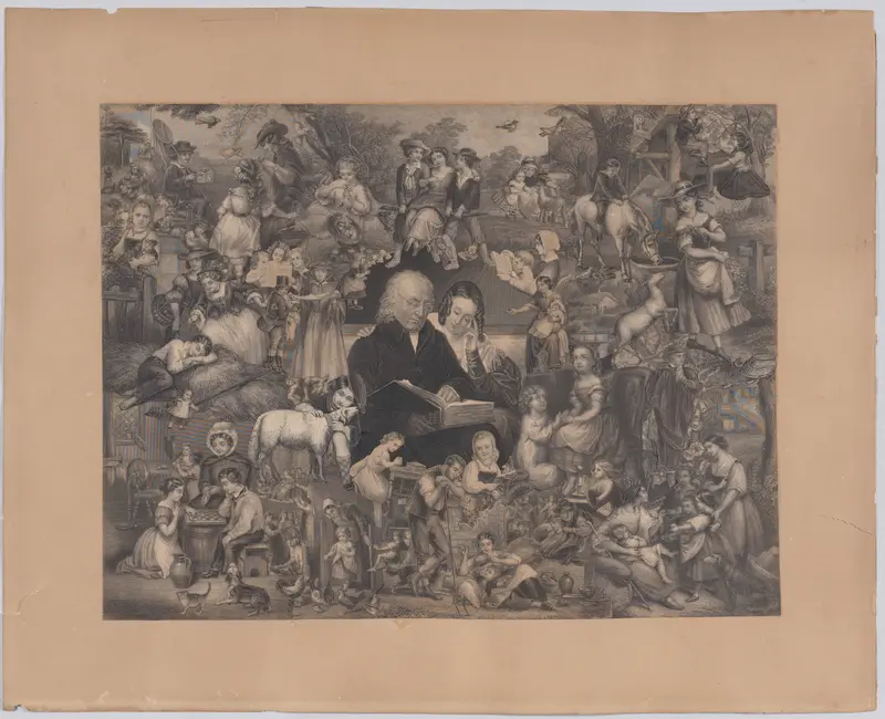 Collage of printed elements centered on a Man and Young Woman Reading the Bible, surrounded by scenes from rural life by Illman Brothers - High-Resolution Digital Print