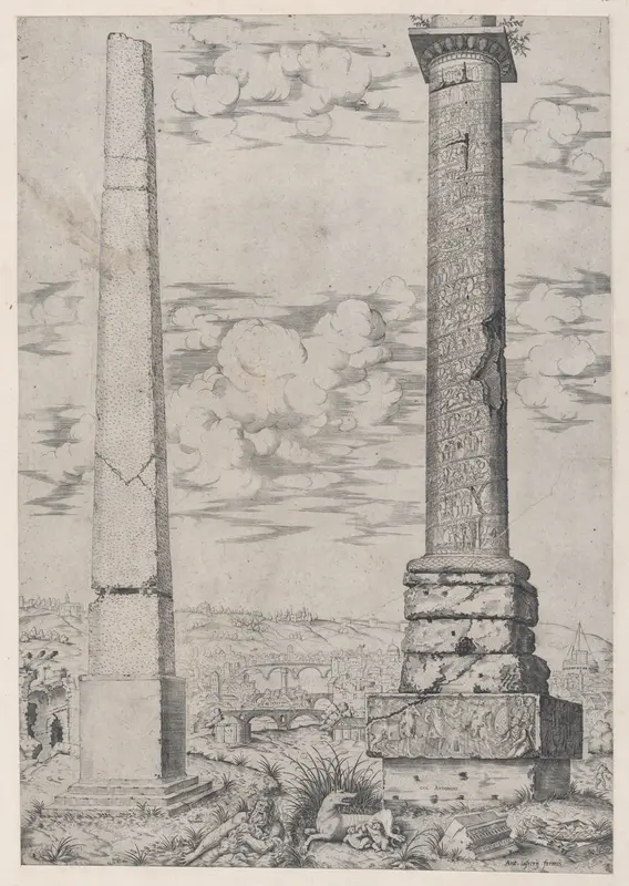 Column of Antoninus and a Roman Obelisk, from "Speculum Romanae Magnificentiae" Wall Art by Anonymous, Italian, 16th century - High-Resolution Digital Print