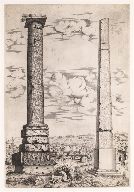 Column of Antoninus and a Roman Obelisk Wall Art by Enea Vico - High-Resolution Digital Print