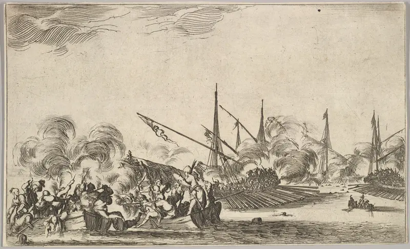 Combat between several rowboats and ships, two groups of men in rowboats fighting to left, two ships full of combatants to right, other ships and clouds of smoke in the background, from "Set of eight nautical landscapes" (Suite de huit Marines) Wall Art by Stefano della Bella - High-Resolution Digital Print