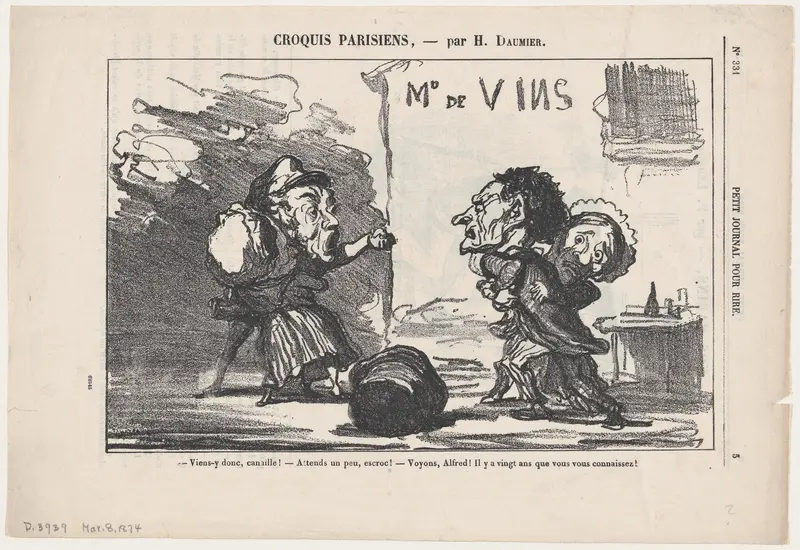 –Come on, you scoundrel, come on! –Just you wait, you crook! –Oh come on Alfred, after all you've known each other for some twenty years!, from 'Parisian sketches,' published in Le Petit Journal pour Rire, March 8, 1874 Wall Art by Honoré Daumier - High-Resolution Digital Print