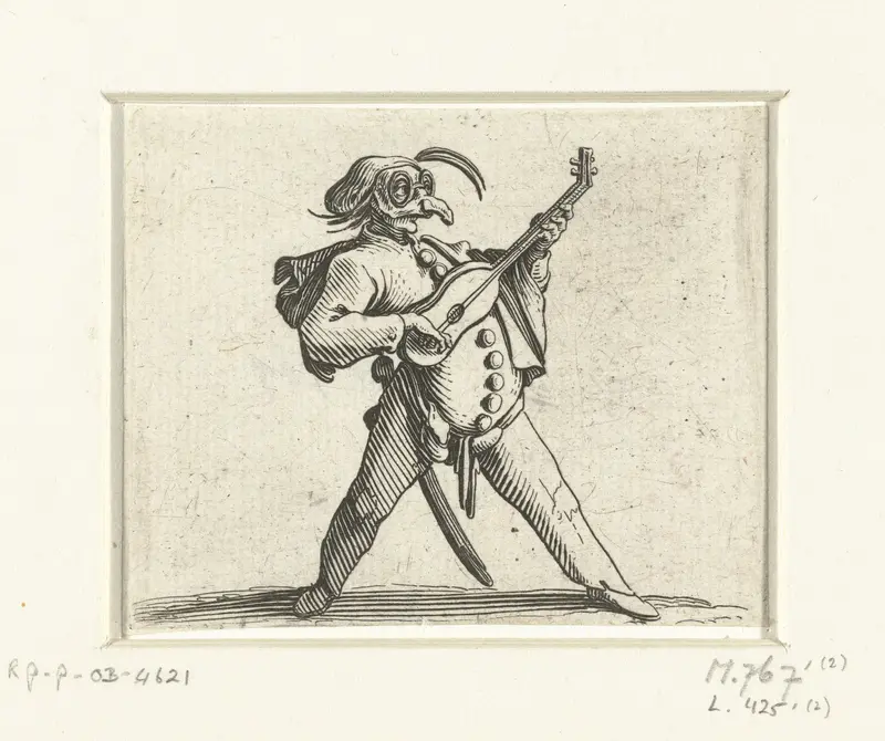 Commedia dell'arte-figuur met gitaar, zwaard en masker Wall Art by Jacques Callot - High-Resolution Digital Print