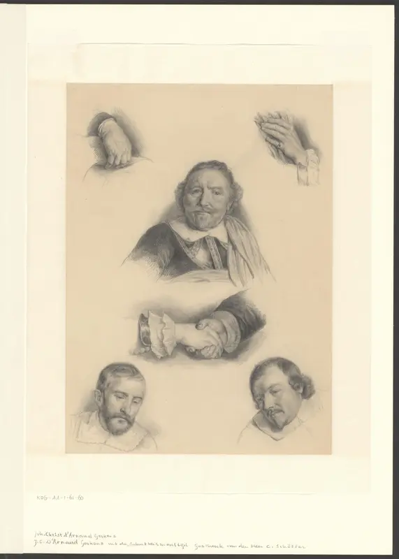 Compositie met details van handen en koppen van het schilderij De schuttersmaaltijd in de Voetboog- of St. Jorisdoelen te Amsterdam ter viering van het sluiten van de vrede van Munster Wall Art by Unknown - High-Resolution Digital Print