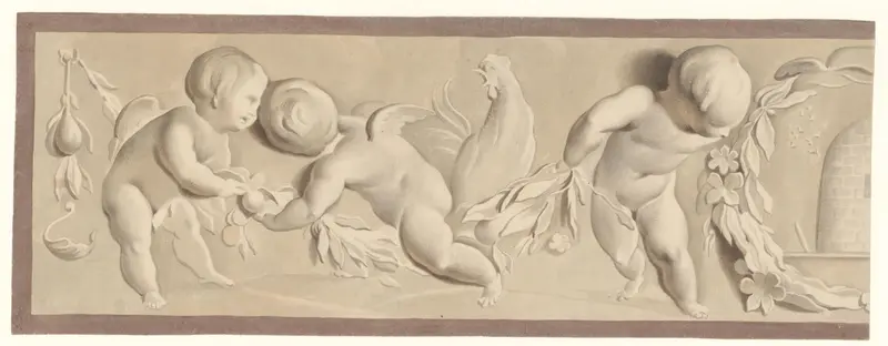 Compositie met drie putti en een haan, rechts een lauwerkrans en een bijenkorf Wall Art by Unknown - High-Resolution Digital Print