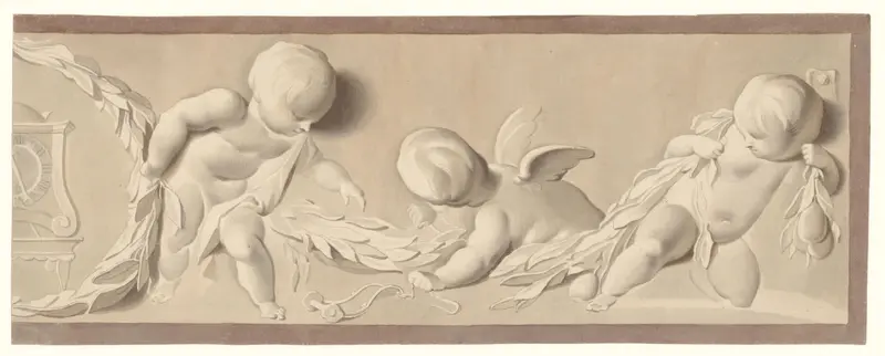 Compositie met drie putti en een leidsel, rechts een lauwerkrans en een klok Wall Art by Unknown - High-Resolution Digital Print