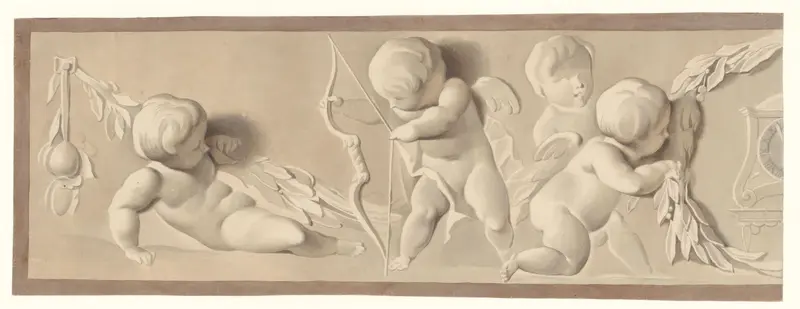 Compositie met vier putti en een pijl en boog, rechts een lauwerkrans en een klok Wall Art by Unknown - High-Resolution Digital Print