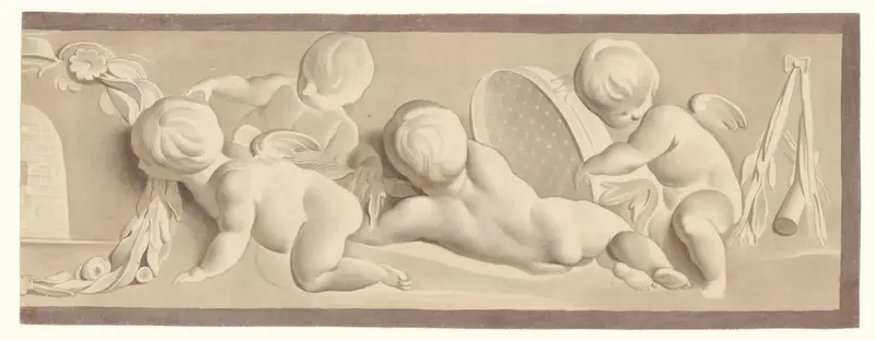 Compositie met vier putti en een zeef, links een lauwerkrans en een bijenkorf Wall Art by Unknown - High-Resolution Digital Print