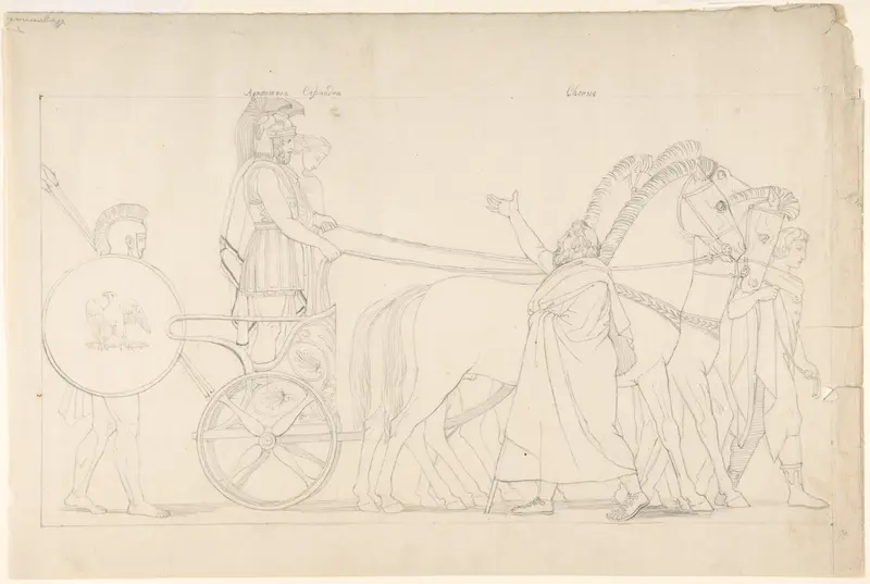 Composition from the "Tragedies of Aeschylus," plate 17 (recto); Goddess statue from "The Suppliants," plate 7 (verso) Wall Art by John Flaxman - High-Resolution Digital Print