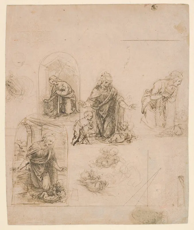 Compositional Sketches for the Virgin Adoring the Christ Child, with and without the Infant St. John the Baptist; Diagram of a Perspectival Projection (recto); Slight Doodles (verso) Wall Art by Leonardo da Vinci - High-Resolution Digital Print