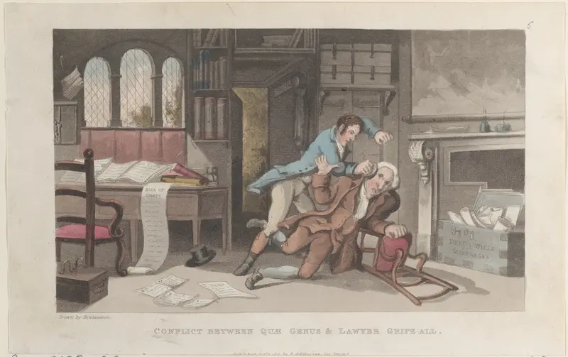 Conflict Between Quae Genus and Lawyer Gripe-all Wall Art by Thomas Rowlandson - High-Resolution Digital Print