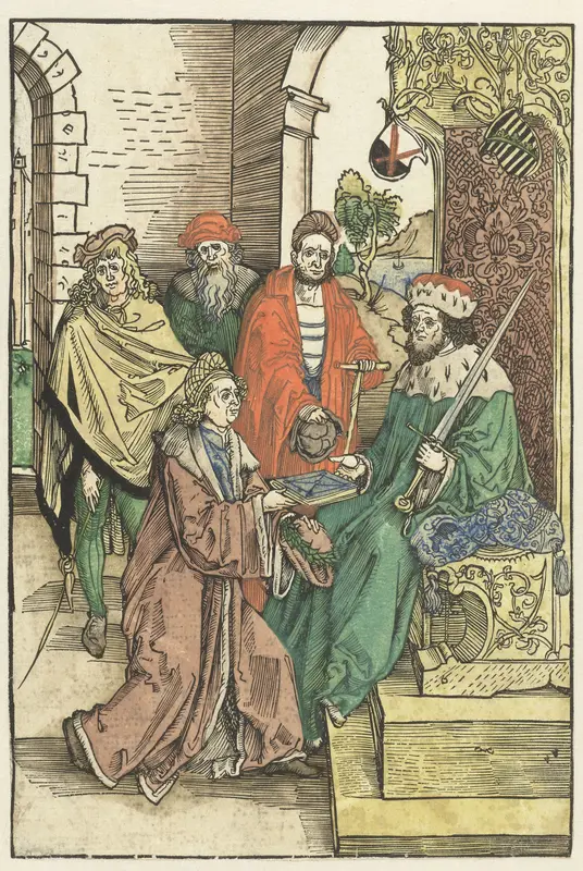 Conrad Celtis biedt Frederik III de Wijze, keurvorst van Saksen, een boek met het werk van Roswitha van Gandersheim aan Wall Art by Unknown - High-Resolution Digital Print